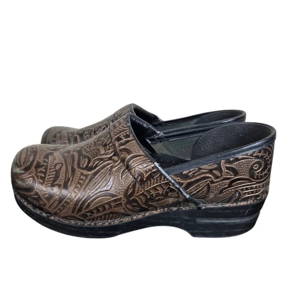 Dansko Floral Tooled Clogs Sz 41 US 10.5 - 11 Brown Leather Comfort